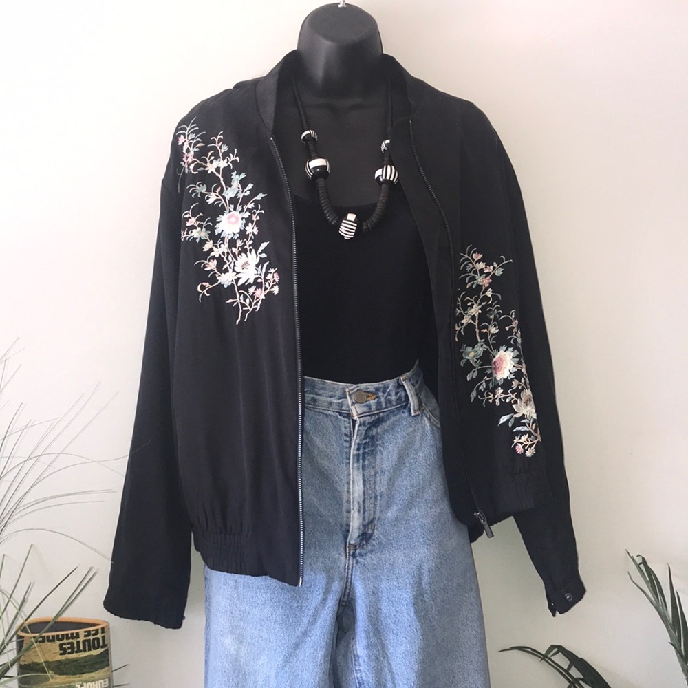 A. Moss Embroidered Black Bomber Jacket